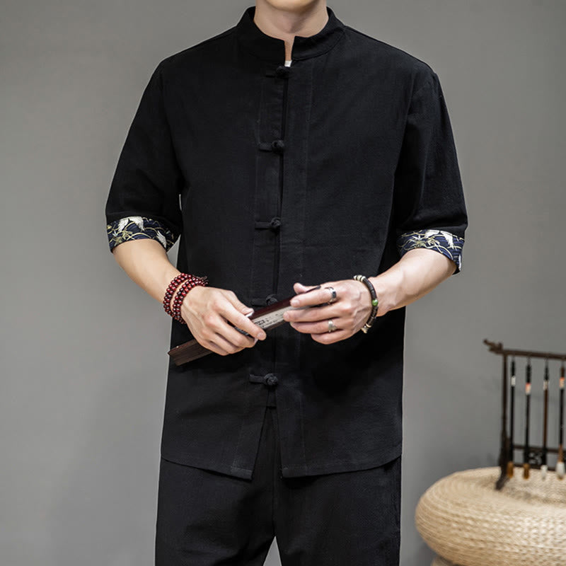 Buddha Stones Frog-Button Chinese Tang Suit Half Sleeve Crane Shirt Linen Men Clothing - Black - US/UK/AU46,EU56 (5XL) - image 4