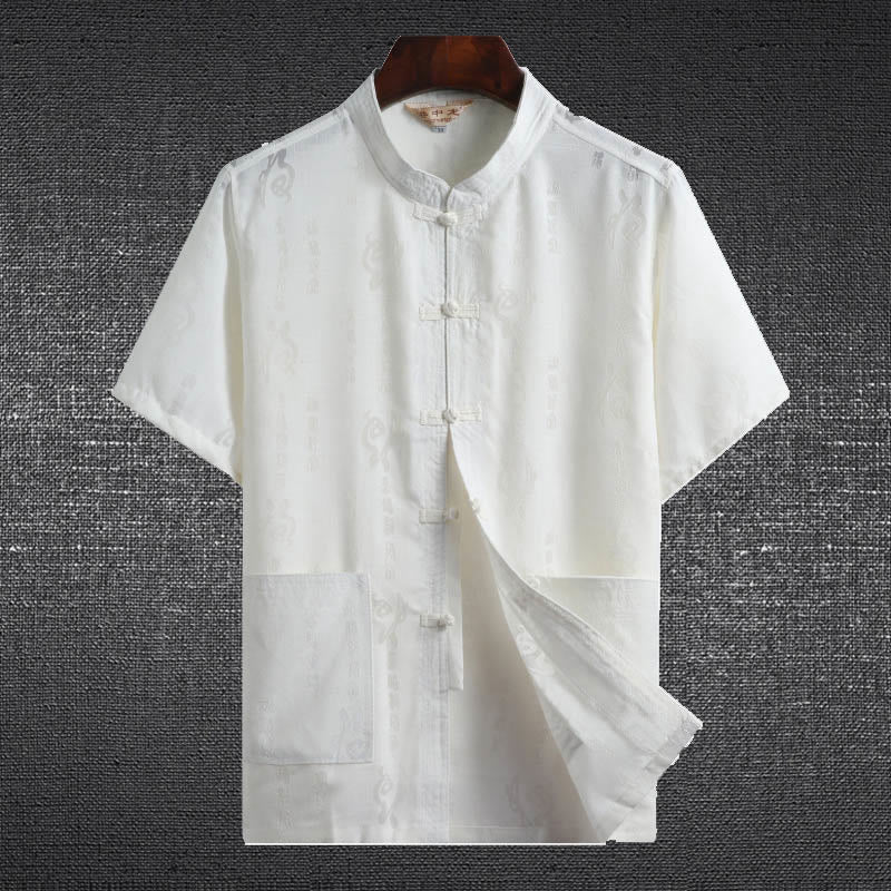Buddha Stones Frog-Button Fu Character Dragon Bamboo Leaf Chinese Tang Suit Short Sleeve Shirt Linen With Pockets - White - Fu Character - US/UK/AU46,EU56 (4XL)  - image 3