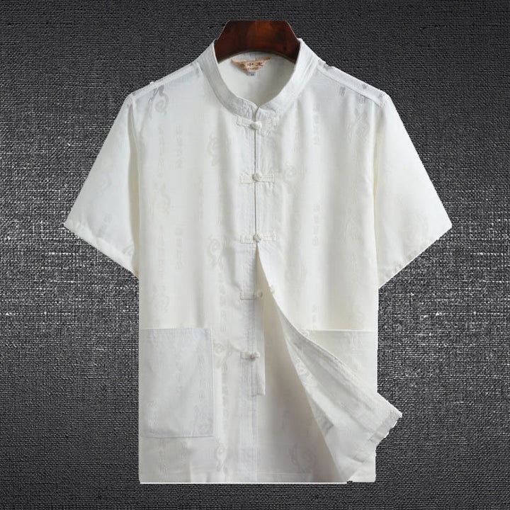 Buddha Stones Frog-Button Fu Character Dragon Bamboo Leaf Chinese Tang Suit Short Sleeve Shirt Linen With Pockets - White - Fu Character - US/UK/AU46,EU56 (4XL)  - image 3