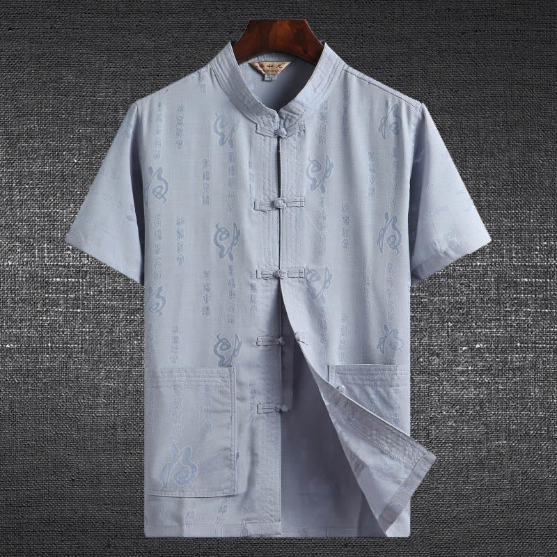 Buddha Stones Frog-Button Fu Character Dragon Bamboo Leaf Chinese Tang Suit Short Sleeve Shirt Linen With Pockets - LightBlue - Fu Character - US/UK/AU46,EU56 (4XL)  - image 2