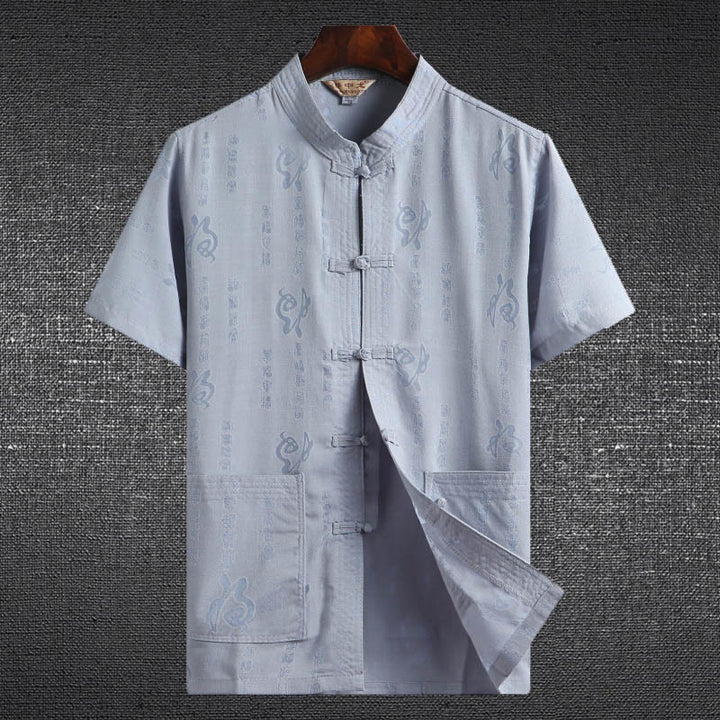Buddha Stones Frog-Button Fu Character Dragon Bamboo Leaf Chinese Tang Suit Short Sleeve Shirt Linen With Pockets - LightBlue - Fu Character - US/UK/AU46,EU56 (4XL)  - image 2