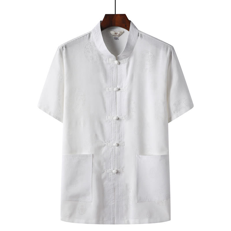 Buddha Stones Frog-Button Fu Character Dragon Bamboo Leaf Chinese Tang Suit Short Sleeve Shirt Linen With Pockets - White - Dragon - US/UK/AU46,EU56 (4XL)  - image 8
