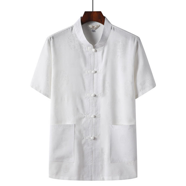 Buddha Stones Frog-Button Fu Character Dragon Bamboo Leaf Chinese Tang Suit Short Sleeve Shirt Linen With Pockets - White - Dragon - US/UK/AU46,EU56 (4XL)  - image 8