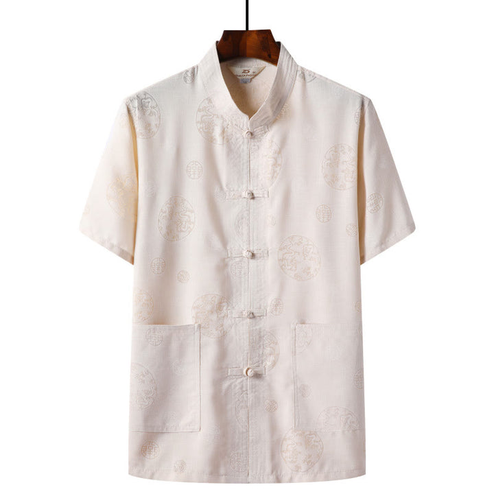 Buddha Stones Frog-Button Fu Character Dragon Bamboo Leaf Chinese Tang Suit Short Sleeve Shirt Linen With Pockets - LightYellow - Dragon - US/UK/AU46,EU56 (4XL)  - image 6