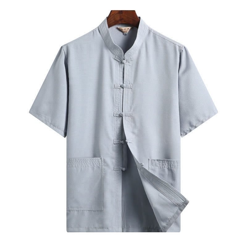 Buddha Stones Frog-Button Fu Character Dragon Bamboo Leaf Chinese Tang Suit Short Sleeve Shirt Linen With Pockets - LightBlue - Solid Color - US/UK/AU46,EU56 (4XL)  - image 15