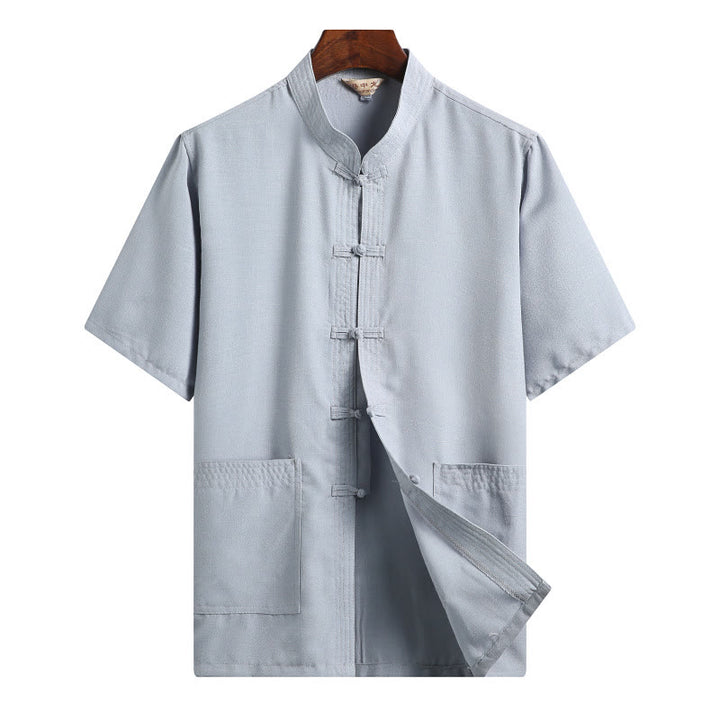 Buddha Stones Frog-Button Fu Character Dragon Bamboo Leaf Chinese Tang Suit Short Sleeve Shirt Linen With Pockets - LightBlue - Solid Color - US/UK/AU46,EU56 (4XL)  - image 15