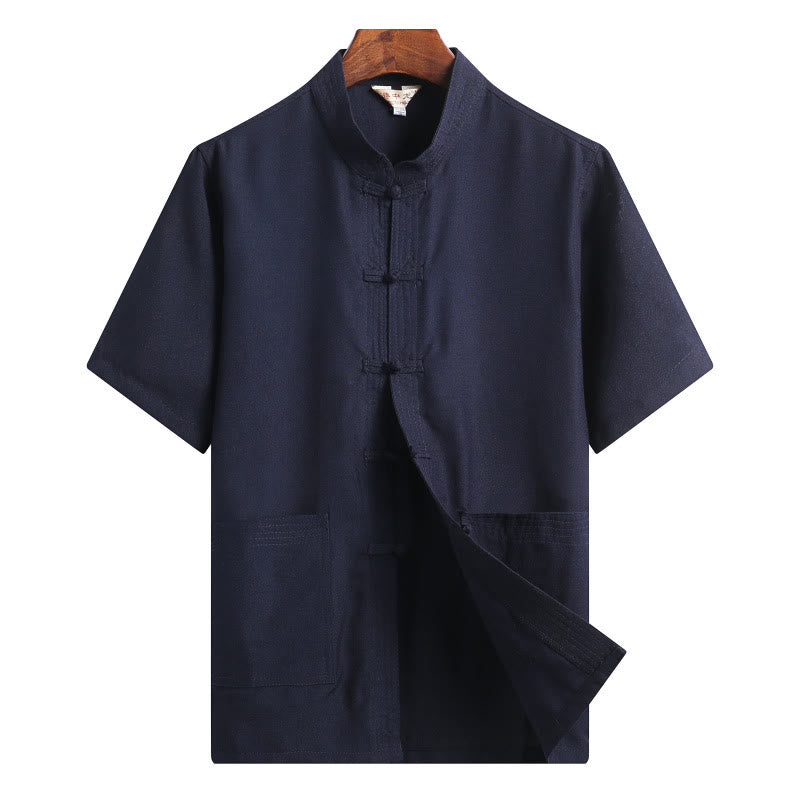 Buddha Stones Frog-Button Fu Character Dragon Bamboo Leaf Chinese Tang Suit Short Sleeve Shirt Linen With Pockets - SteelBlue - Solid Color - US/UK/AU46,EU56 (4XL)  - image 17