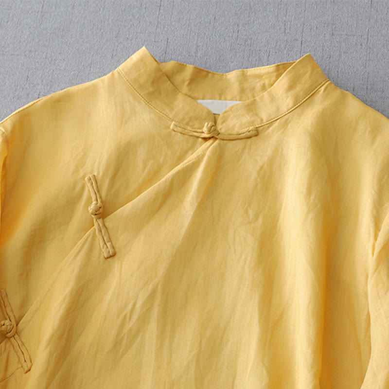 Buddha Stones Solid Color Frog-Button Three Quarter Sleeve Double Layer Cotton Linen Shirt - image 9