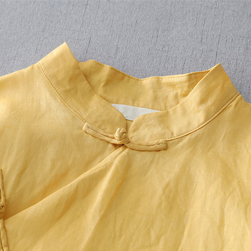 Buddha Stones Solid Color Frog-Button Three Quarter Sleeve Double Layer Cotton Linen Shirt - image 10