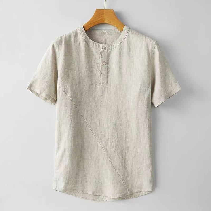 Buddha Stones Summer Men's Solid Color Button Short Sleeve Cotton Linen Shirt - Linen - US/UK/AU48,EU58 (4XL) - image 1
