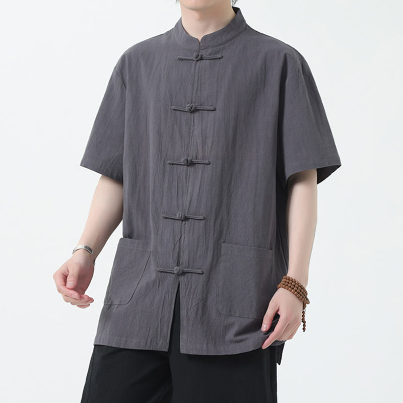 Buddha Stones Frog-Button Chinese Tang Suit Short Sleeve Shirt Linen Men Clothing With Pockets - Gray - US/UK/AU46,EU56 (5XL) - image 13