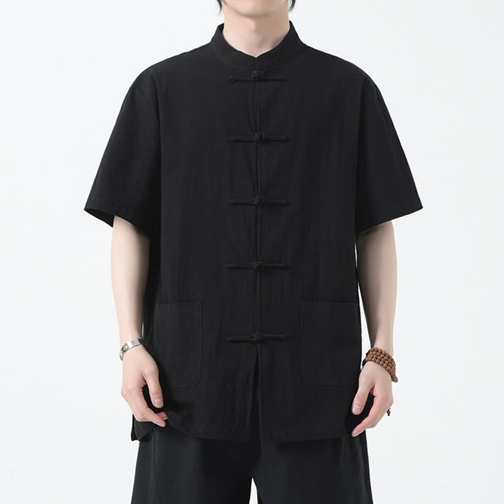 Buddha Stones Frog-Button Chinese Tang Suit Short Sleeve Shirt Linen Men Clothing With Pockets - Black - US/UK/AU46,EU56 (5XL) - image 3