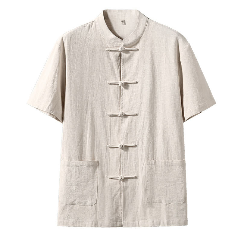 Buddha Stones Frog-Button Chinese Tang Suit Short Sleeve Shirt Linen Men Clothing With Pockets - Linen - US/UK/AU46,EU56 (5XL) - image 7