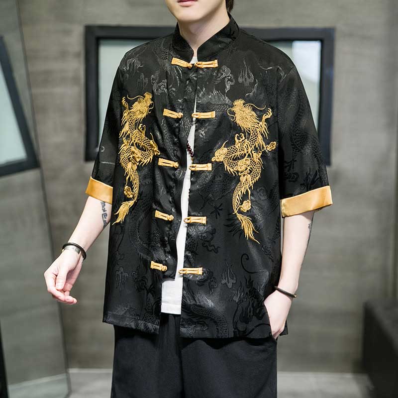 Buddha Stones Frog-Button Chinese Dragon Embroidery Half Sleeve Shirt Linen Men Clothing - Black - US/UK/AU48,EU58(5XL)  - image 0