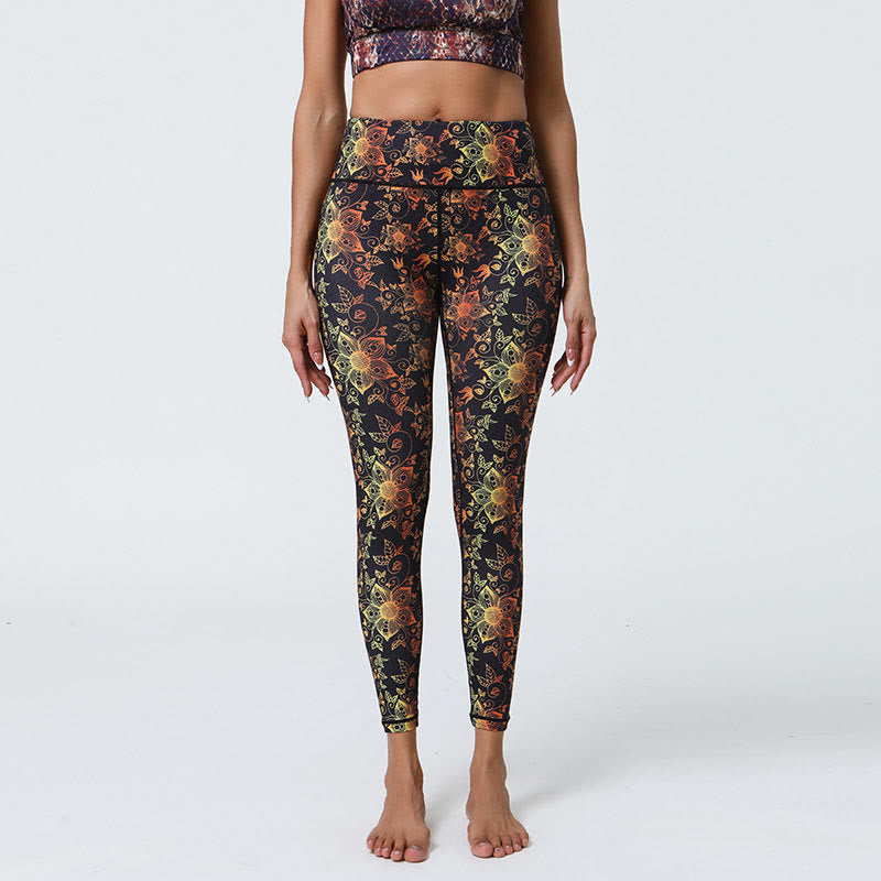Buddha Stones Flowers Geometric Mandalas Print Sports Fitness Yoga High Waist Leggings Women's Pants - Black Yellow Flowers - US12,UK/AU16,EU44 (XL) - image 7