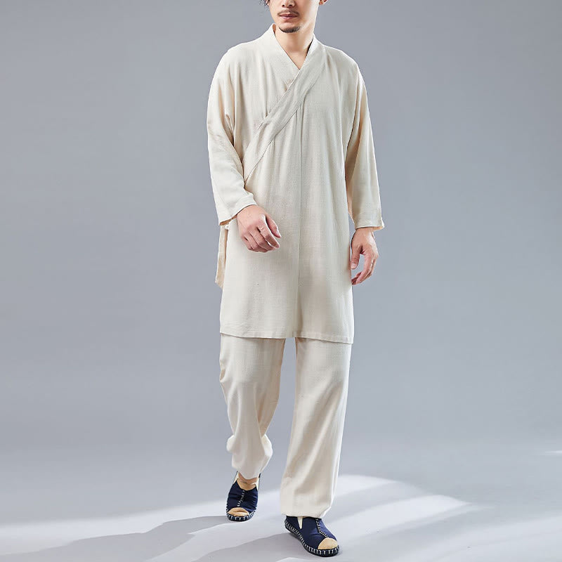 Buddha Stones 2Pcs V-Neck Men's Long Sleeve Shirt Top Pants Meditation Zen Tai Chi Cotton Linen Clothing Set - Linen - US/UK/AU42,EU52 (XL)  - image 8
