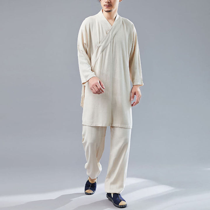Buddha Stones 2Pcs V-Neck Men's Long Sleeve Shirt Top Pants Meditation Zen Tai Chi Cotton Linen Clothing Set - Linen - US/UK/AU42,EU52 (XL)  - image 8