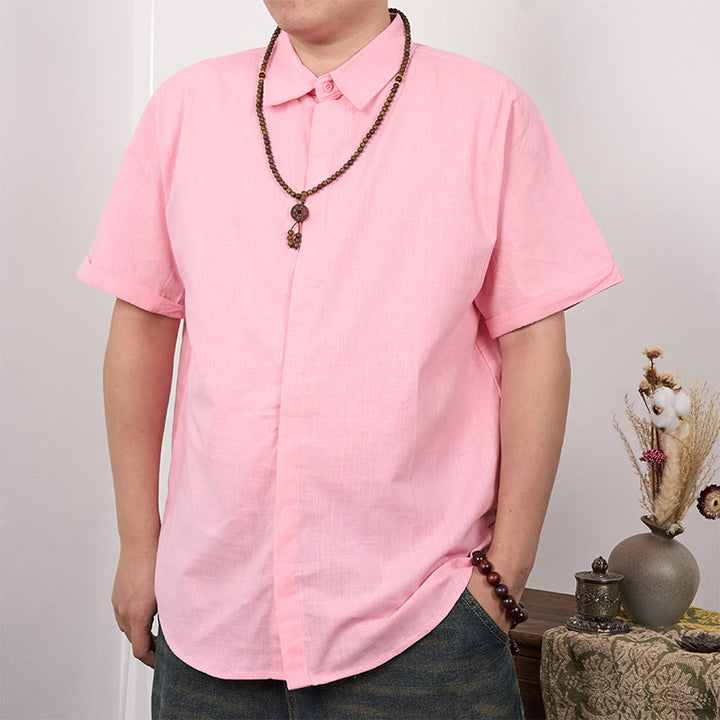 Buddha Stones Men's Short Sleeve Button Casual Cotton Linen Shirt - Pink - US/UK/AU44,EU54 (3XL) - image 9