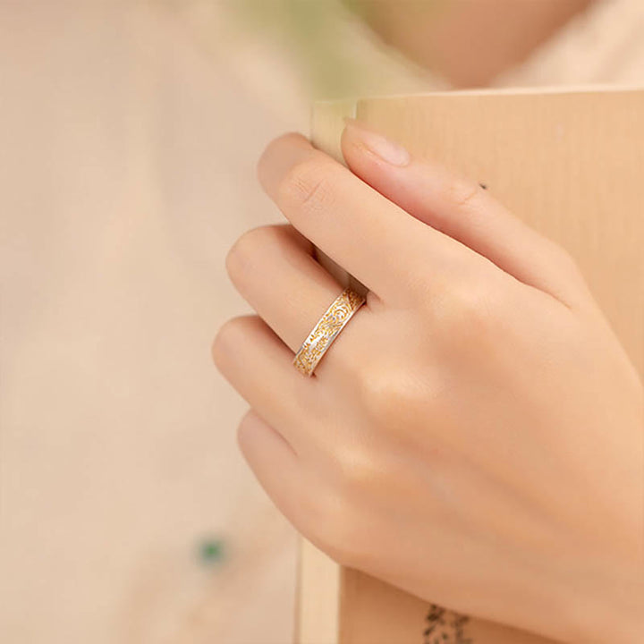 Buddha Stone 999 Sterling Silver Gold-Painted Joyful Flower Pattern Peaceful Heart Sutra Ring - image 4