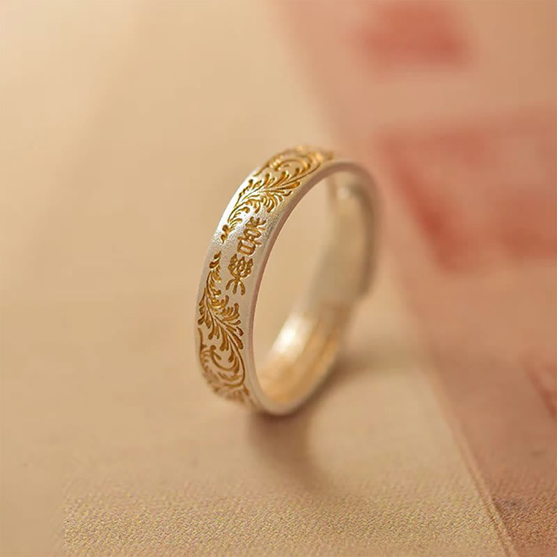 Buddha Stone 999 Sterling Silver Gold-Painted Joyful Flower Pattern Peaceful Heart Sutra Ring - Joyful Heart Sutra - image 0