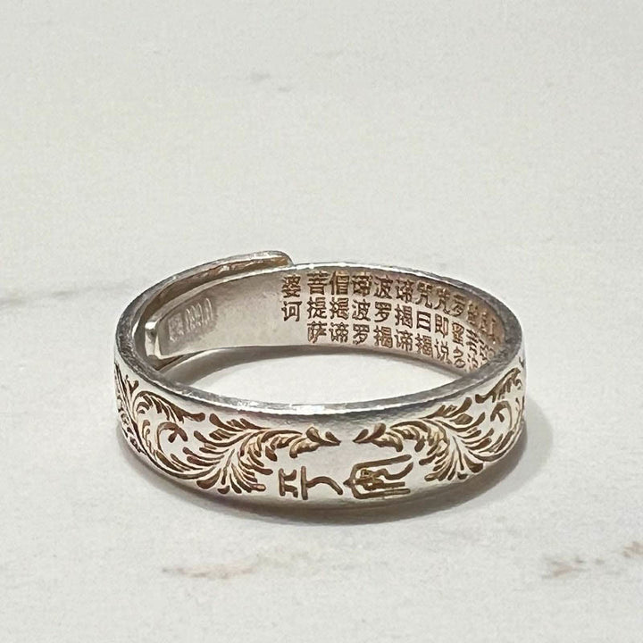 Buddha Stone 999 Sterling Silver Gold-Painted Joyful Flower Pattern Peaceful Heart Sutra Ring - image 15