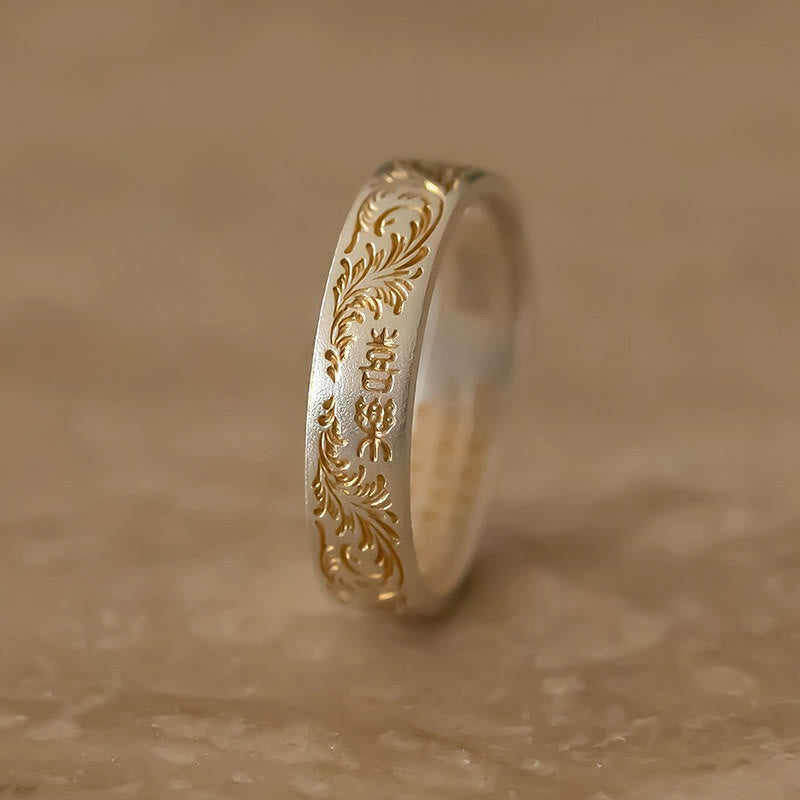 Buddha Stone 999 Sterling Silver Gold-Painted Joyful Flower Pattern Peaceful Heart Sutra Ring - image 7