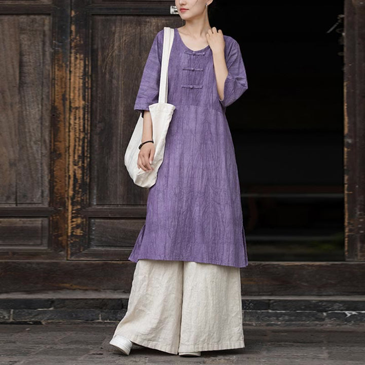 Buddha Stones Handmade Tie Dye Ramie Linen Frog-Button Midi Dress Wide Leg Pants With Pockets - Purple Dress&Khaki Pants - US4-8/10,UK/AU8-12/14,EU36-40/42 (F) - image 0
