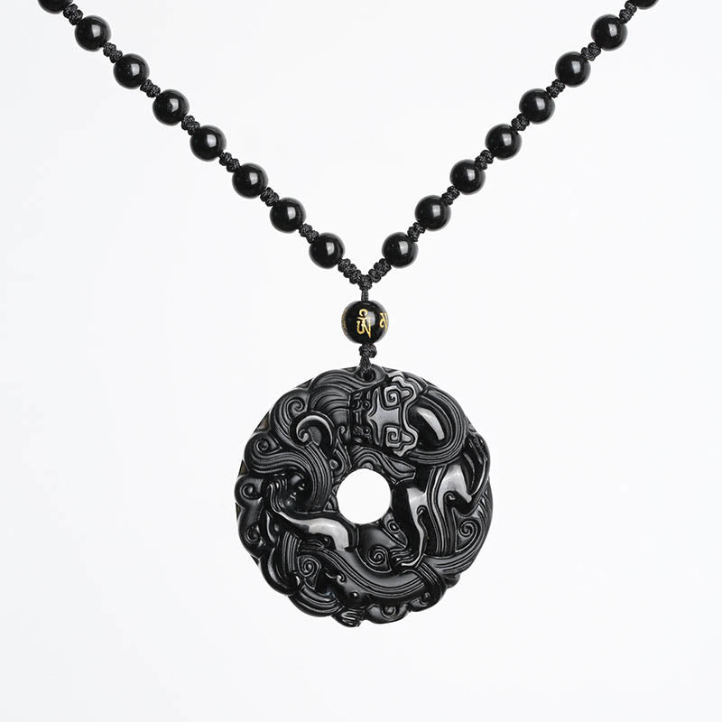 Buddha Stones Natural Black Obsidian Peace Buckle Pixiu Purification Necklace Pendant - image 10