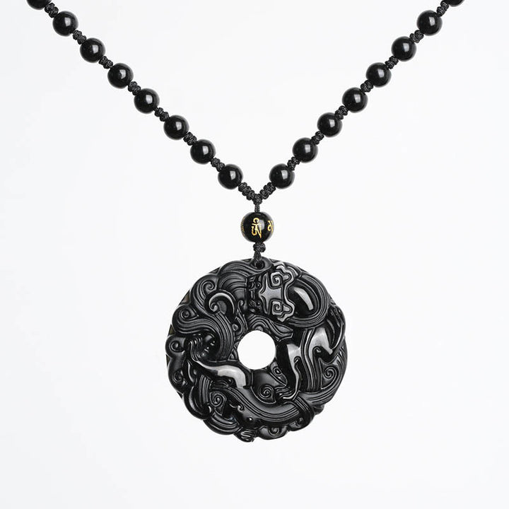 Buddha Stones Natural Black Obsidian Peace Buckle Pixiu Purification Necklace Pendant - image 10