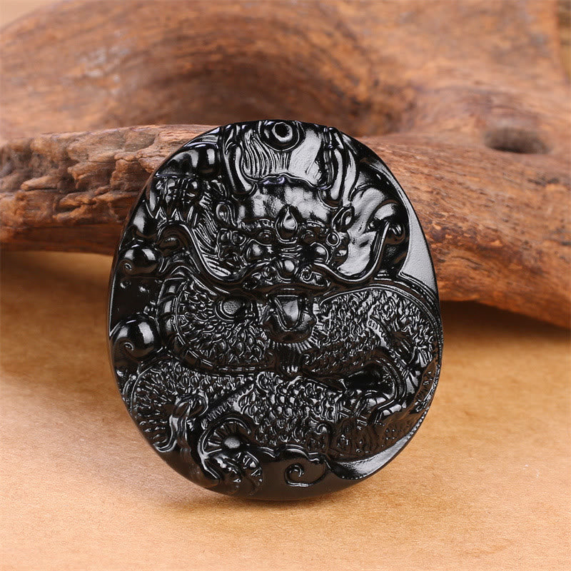 Buddha Stones Natural Black Obsidian Round Dragon Carved Protection Necklace Pendant - image 2