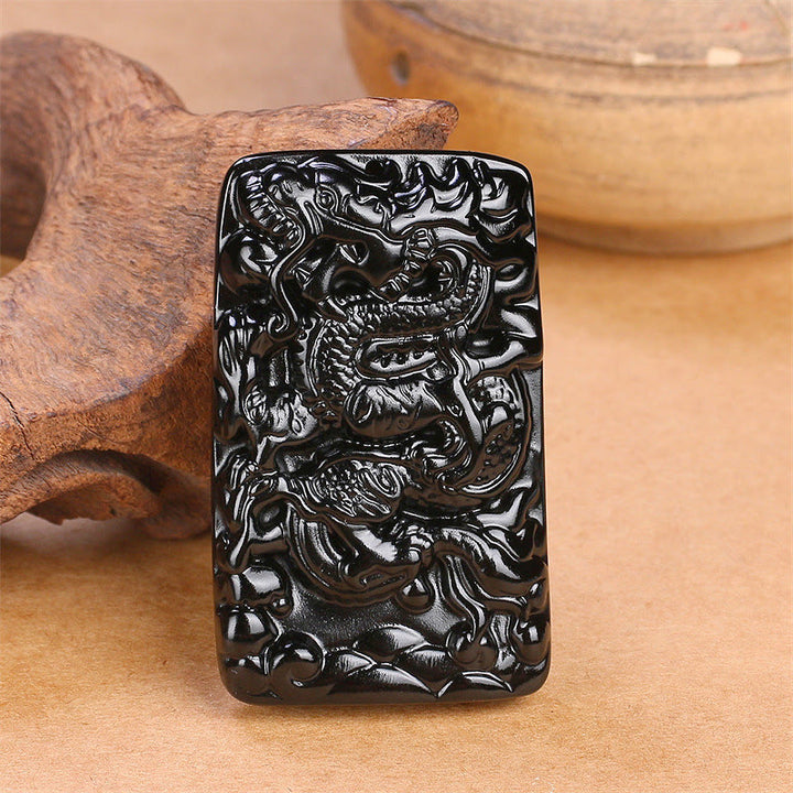 Buddha Stones Natural Black Obsidian Rectangular Dragon Engraved Success Necklace Pendant - image 3