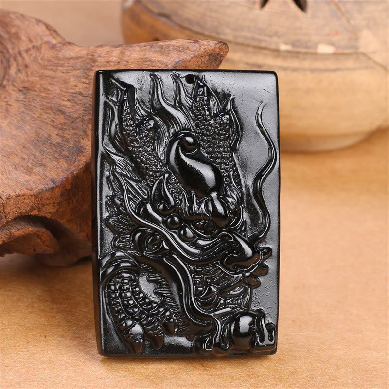 Buddha Stones Natural Black Obsidian Rectangular Dragon Engraved Success Necklace Pendant - image 12
