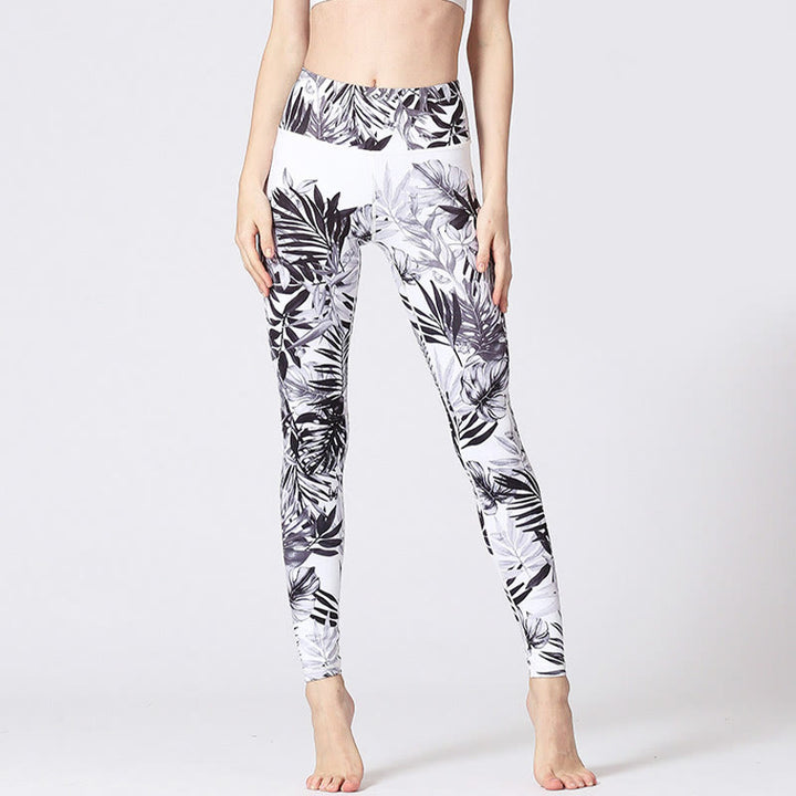 Buddha Stones Lines Weeds Sakura Flowers Black Tree Pants Sports Fitness Yoga Leggings Women's Yoga Pants - White Black Leaves - US8-10,UK/AU12-14,EU40-42 (XL) - image 35