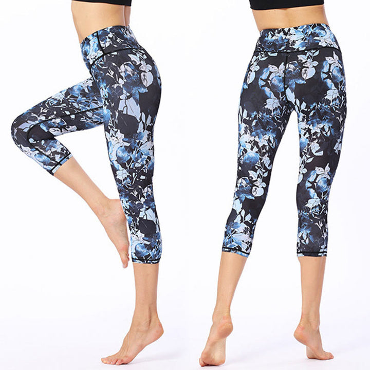 Buddha Stones Leaves Butterfly Print Sports Yoga Cropped Leggings Women's Yoga Capri Pants - CornflowerBlue - US8-10,UK/AU12-14,EU40-42 (XL) - image 0