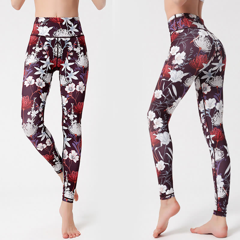 Buddha Stones Colorful Flower Petal Leaves Print Sports Exercise Fitness High Waist Leggings Women's Yoga Pants - Tan - US8-10,UK/AU12-14,EU40-42 (XL)  - image 0