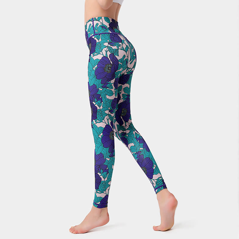 Buddha Stones Colorful Flower Petal Leaves Print Sports Exercise Fitness High Waist Leggings Women's Yoga Pants - PaleTurquoise - US8-10,UK/AU12-14,EU40-42 (XL)  - image 24