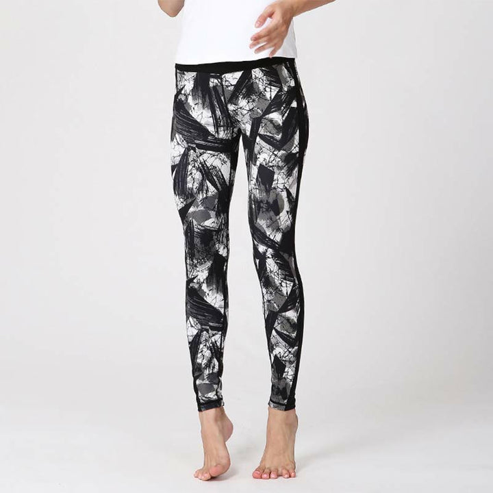 Buddha Stones White Black Ink Brush Lines Print Sports Fitness Mesh Leggings Women's Yoga Pants - Black Brush Lines - US8-10,UK/AU12-14,EU40-42 (XL) - image 9
