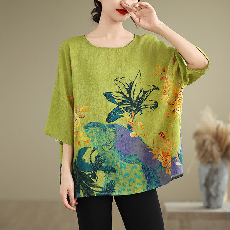 Buddha Stones Yellow Green Flowers Three Quarter Sleeve Linen T-shirt Tee - image 4