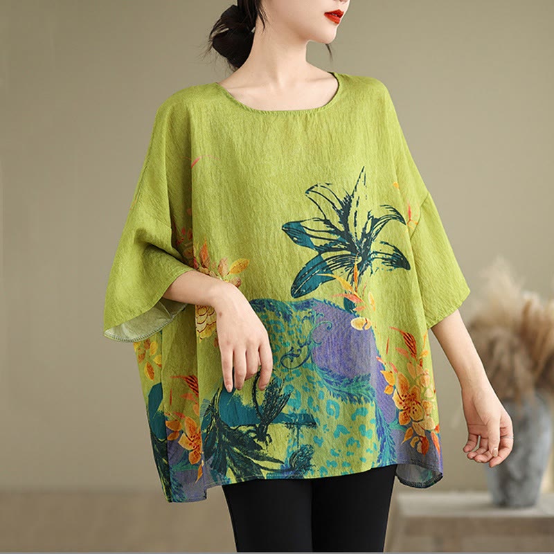 Buddha Stones Yellow Green Flowers Three Quarter Sleeve Linen T-shirt Tee - F(Fit for US4-14; UK/AU8-18; EU36-46) - image 0