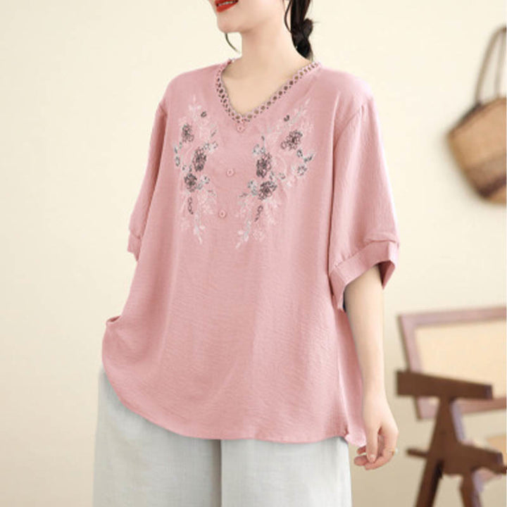 Buddha Stones Floral Embroidery V-Neck Half Sleeve T-shirt Tee - image 1