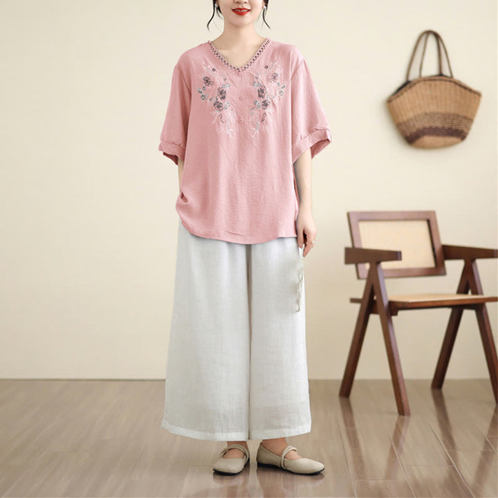 Buddha Stones Floral Embroidery V-Neck Half Sleeve T-shirt Tee - image 3