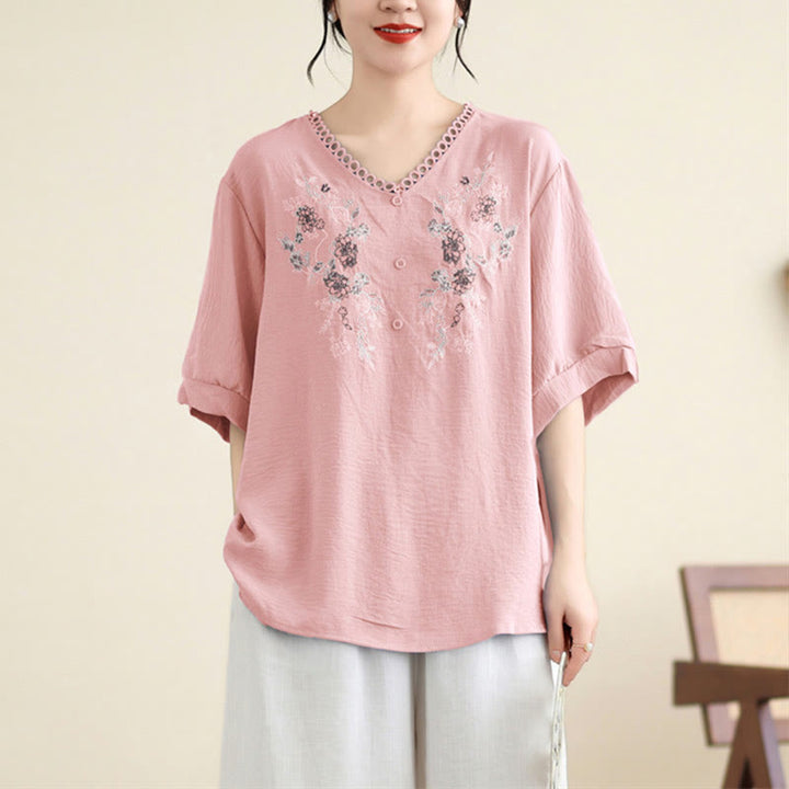 Buddha Stones Floral Embroidery V-Neck Half Sleeve T-shirt Tee - LightPink - F(Fit for US4-8/10; UK/AU8-12/14; EU36-40/42) - image 0