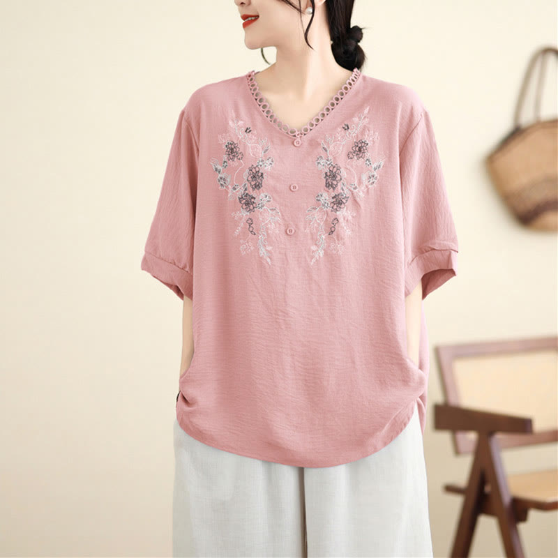 Buddha Stones Floral Embroidery V-Neck Half Sleeve T-shirt Tee - image 2