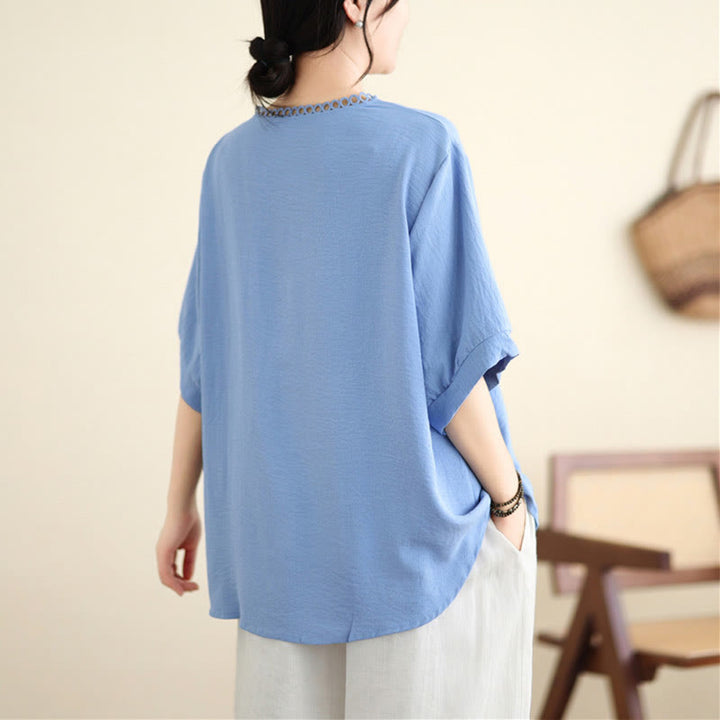 Buddha Stones Floral Embroidery V-Neck Half Sleeve T-shirt Tee - image 5