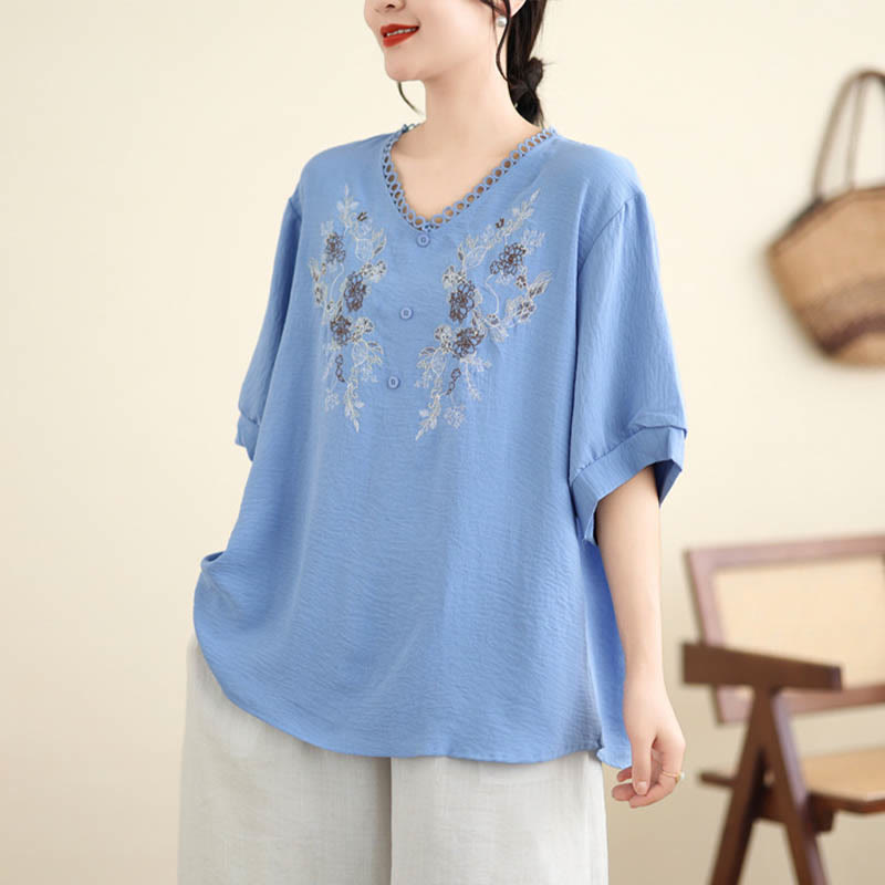 Buddha Stones Floral Embroidery V-Neck Half Sleeve T-shirt Tee - image 6