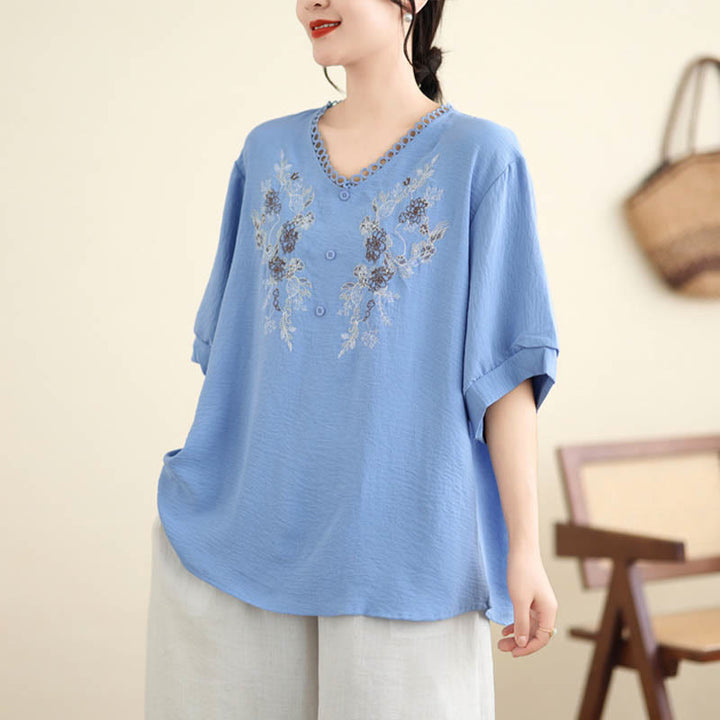 Buddha Stones Floral Embroidery V-Neck Half Sleeve T-shirt Tee - image 6