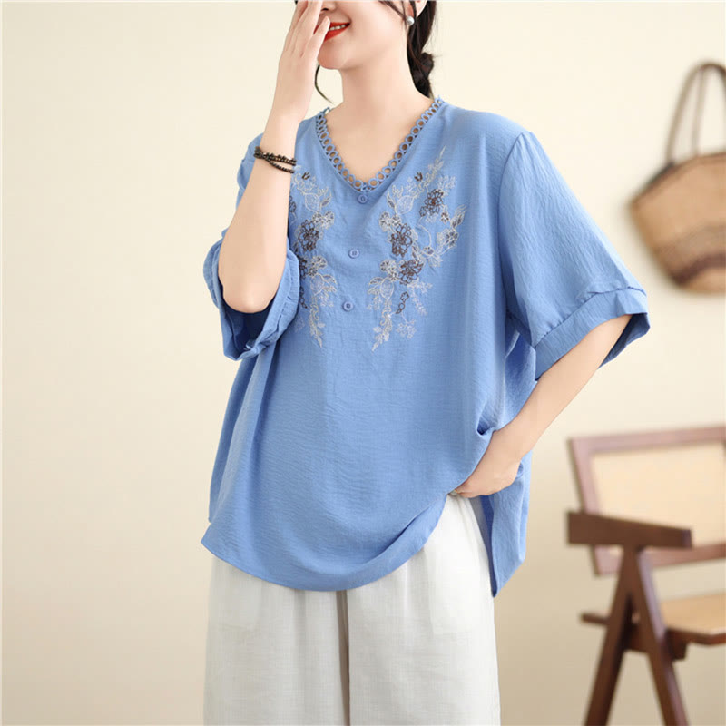 Buddha Stones Floral Embroidery V-Neck Half Sleeve T-shirt Tee - image 8