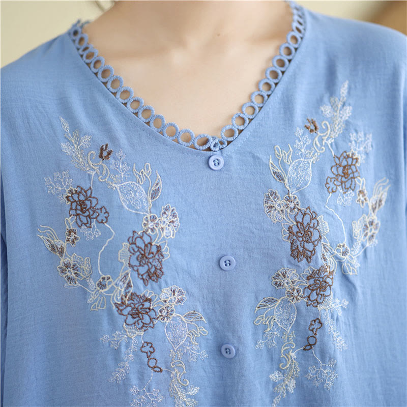 Buddha Stones Floral Embroidery V-Neck Half Sleeve T-shirt Tee - image 10