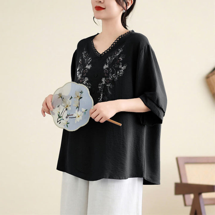 Buddha Stones Floral Embroidery V-Neck Half Sleeve T-shirt Tee - image 14