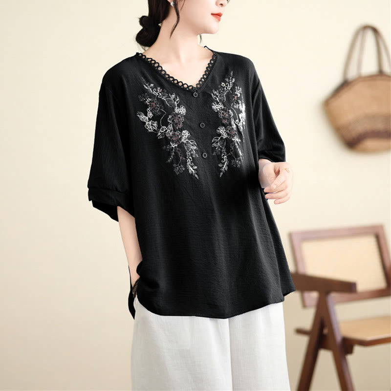 Buddha Stones Floral Embroidery V-Neck Half Sleeve T-shirt Tee - Black - F(Fit for US4-8/10; UK/AU8-12/14; EU36-40/42) - image 13